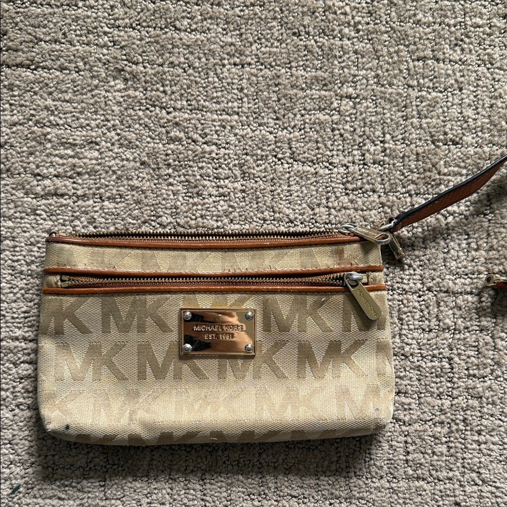 Michael Kors Tan and Brown Logo Wristlet